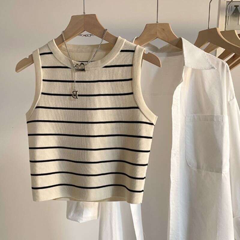sxzy Knitted Short Striped Vest for Women Summer Inner Chain Design Sense Niche Outer Wear Sleeveless Hot Girl Top Ins
