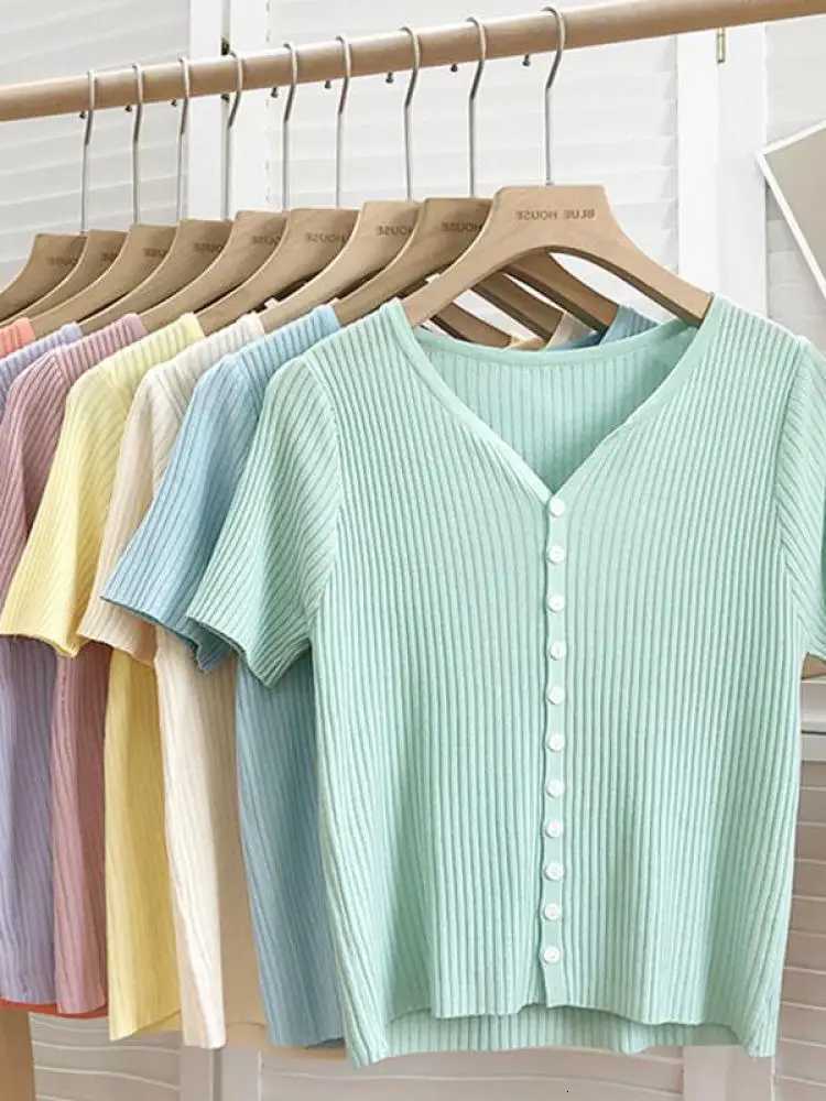 Thin Cardigan for Women Summer Cropped Cardigan Button V Neck Short Sleeve Knitted Top Slim Sweater Tops Womens Knitwear 2024 X250724