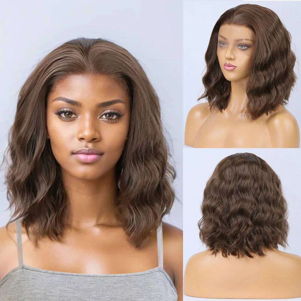Brown Short Bob Wig Synthetic Lace Front For Women Girls Human Hair Natural Wave Hair Blue Pink Wigs Daily Wear Cosplay
