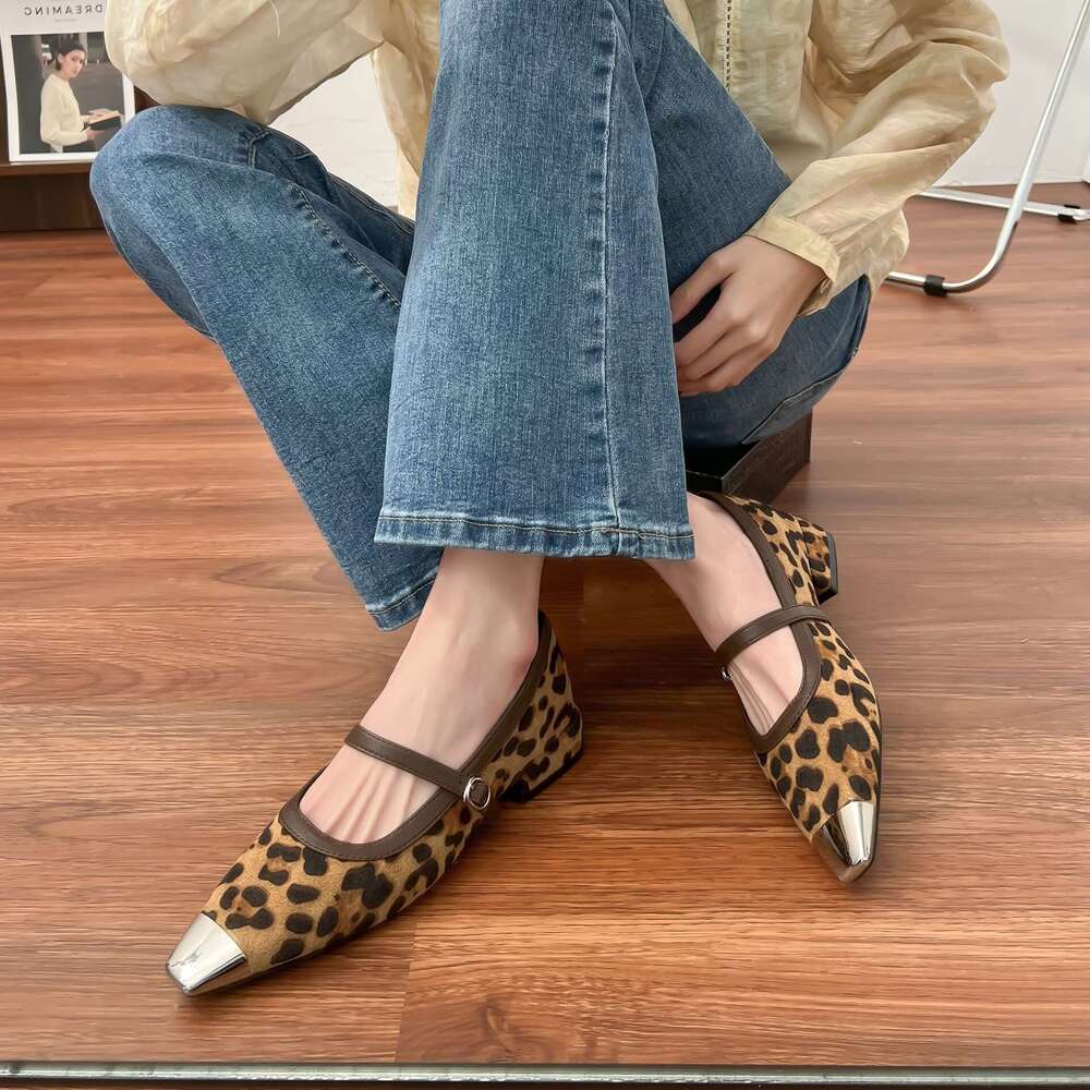 Leopard Print Shallow Mouth Single 2025 Spring Summer New French Style Patchwork Mary Jane Shoes Versatile High for Women Chunky Heels