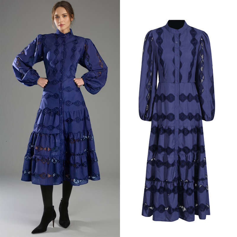 White Skirt Maxi Skirt French Court Style Long Summer New Fashion Stand Collar Lantern Sleeve Embroidered Printed Hollow Out Dress For Women Long Skir