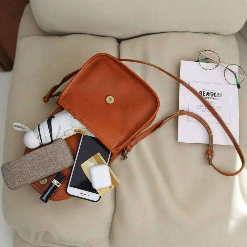 Handmade Top Layer Cowhide Vegetable Tanned Leather Crossbody Shoulder Bag, Artistic Retro French Japanese Vintage Saddle Bag