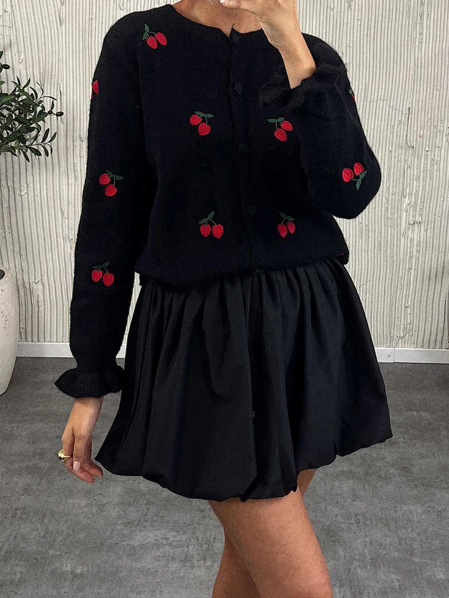 New Fashion Womens Autumn Sweater Cardigan Long Sleeve Round Neck Button Up Cherry Print Knitwear Hot Sale S-XL X250724