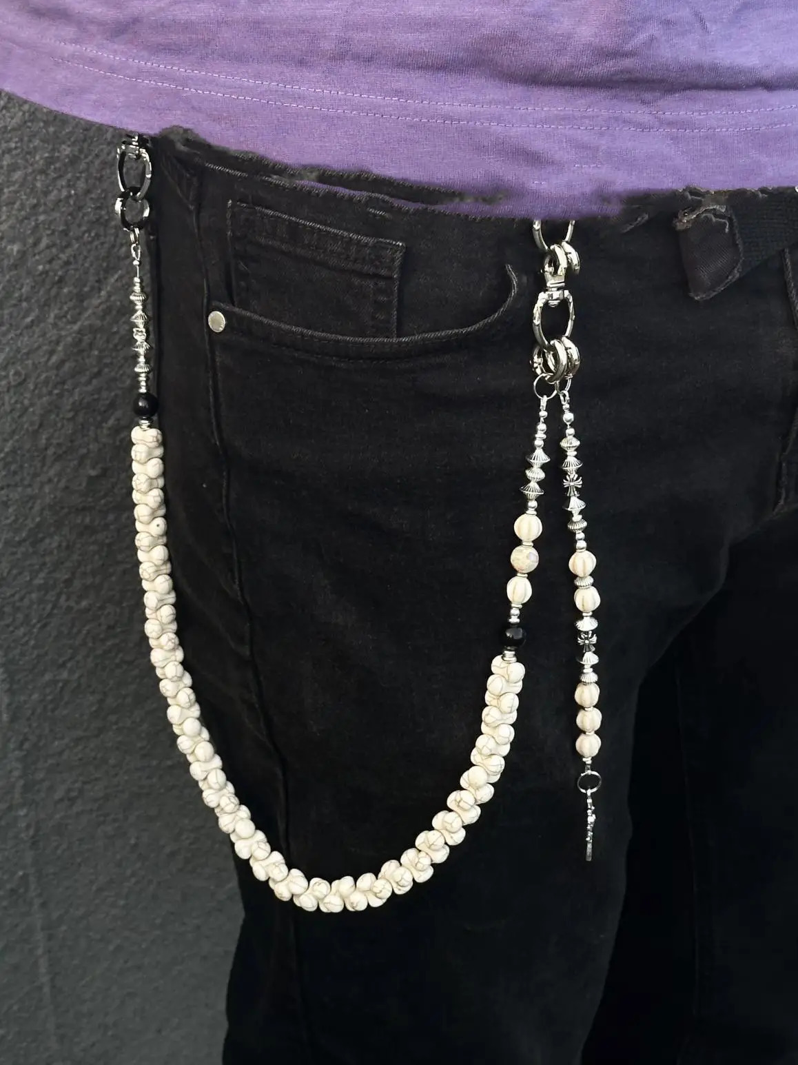 Original handmade punk style pants chain American white turquoise bone string cleanfit rose cross fashion accessory 250722