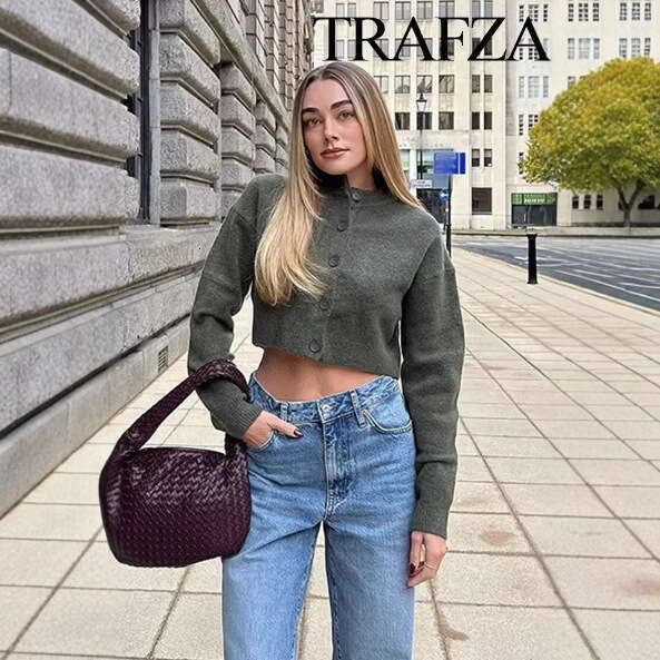 TRAFZAINS Autumn Women's Fashionable Elegant Buttoned Knitted Cardigan Sweater Short Coat B5