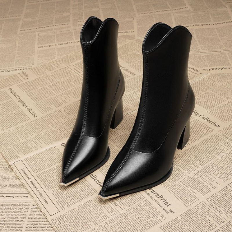 Womens Pointed Toe High-Heeled Short Boot with Thicker Sole - Stylish Footwear for Everyday Wear