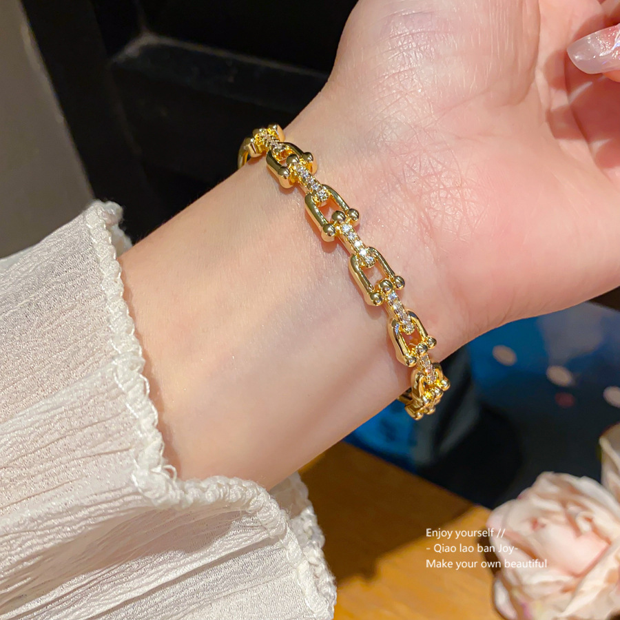 Gold Tone Linked Chain Bangle Bracelet Pave Crystal Accents Edgy Chic Party Jewelry And Gift For Her High Quality Stylish Design