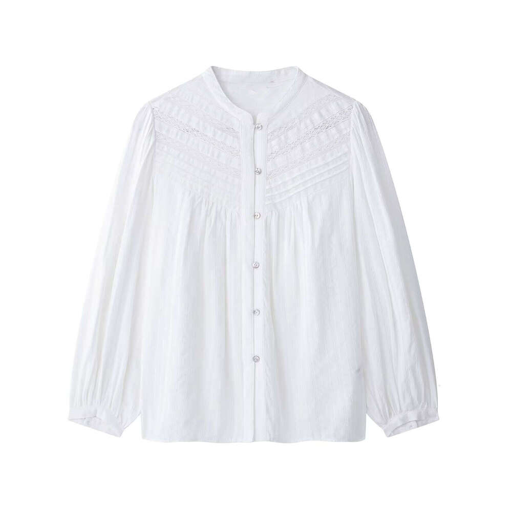 TRAFZA Style Women's Clothing Ruffled Trim Round Neck Long Sleeve Vertical Lace Plaid Shirt B5