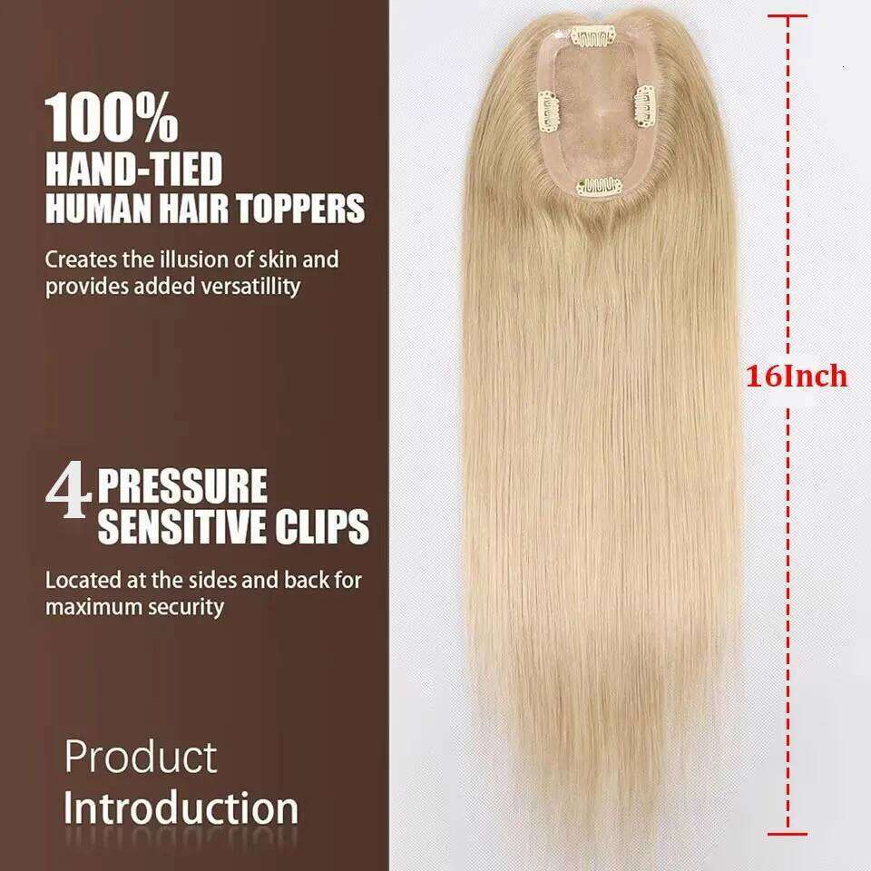 16" Blonde Human Toppers Women Breathable Lace With PU Pieces For Hair Loss Straight Clip In Extensions Toupee
