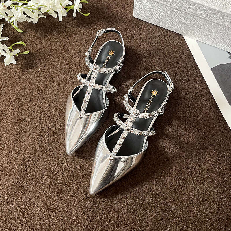Warren 2025 Autumn New Fashion Closed-Toe Sandals Elegant Rivet Strap Pointed Toe Single Shoes for Women Summer Outdoor Wear