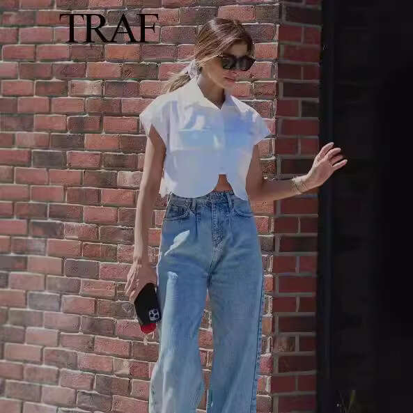 TRAFZA Style Vest Sleeveless Large Collar Denim Jacket B5