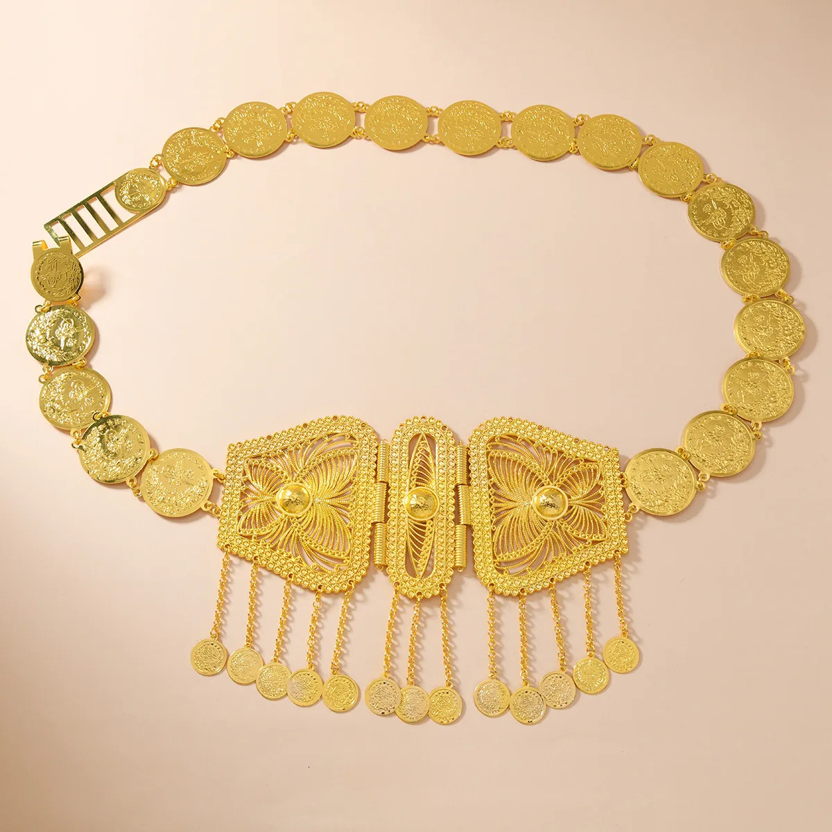 Cross-border Middle East waist jewelry fashionable gold alloy hollow carved coins tassel waist chain clothing accessories 250722