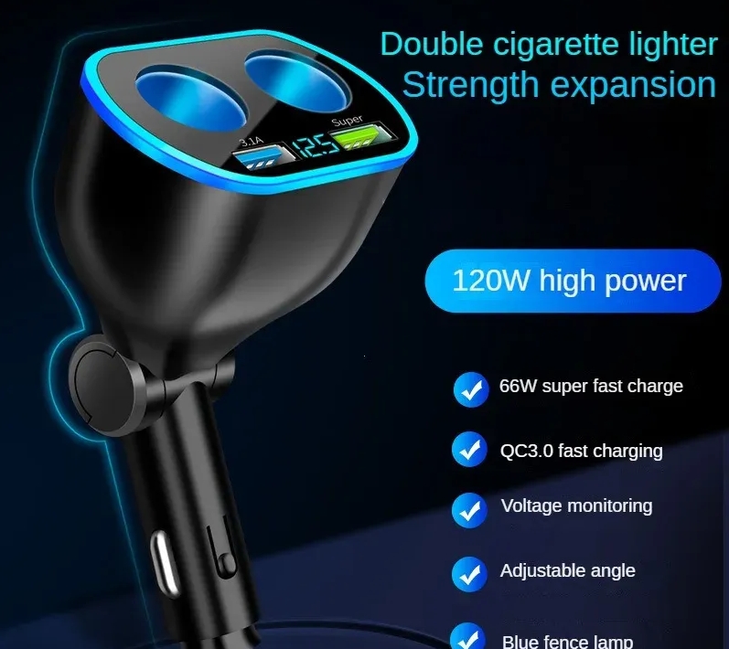 12V/24V 66W Sockets Cigarette Lighter Car Charger Splitter Adapter Multi Power Outlet LED Voltage Display Dual USB Port QC3.0