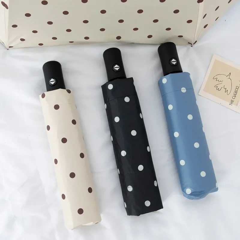 Stylish Polka Dot Auto-Folding Umbrella UPF 50+ Black Coated Sun Rain Protection Compact Travel Umbrella R250724