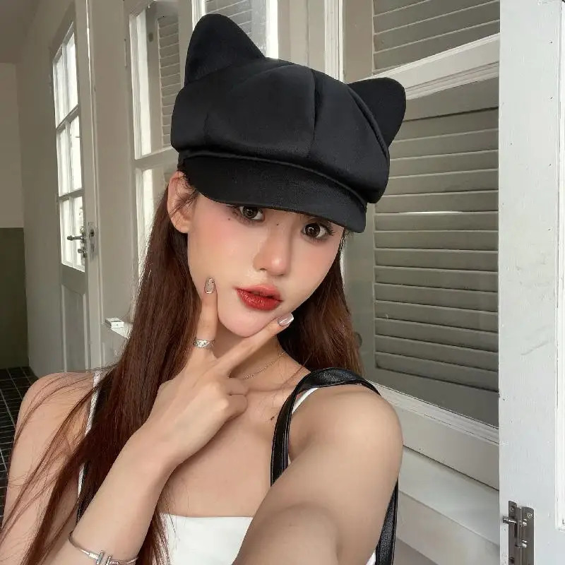 Beret Women Cute Cat Ear Sweet Octagonal Hats For Women sboy Cap Painter Hat Korean Style Solid Color Black 250723