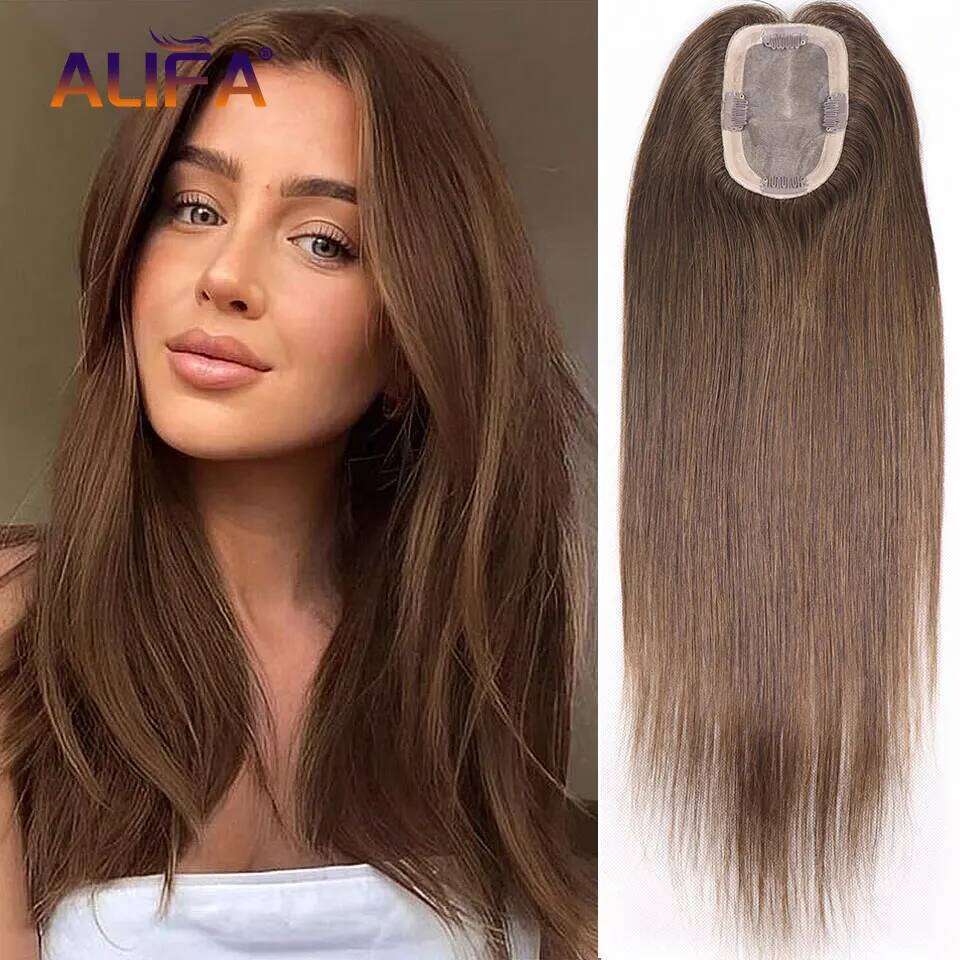 16" Brown Clip In Toppers Women Blonde Breathable Lace With PU Human Pieces For Loss Or Thinning Hair