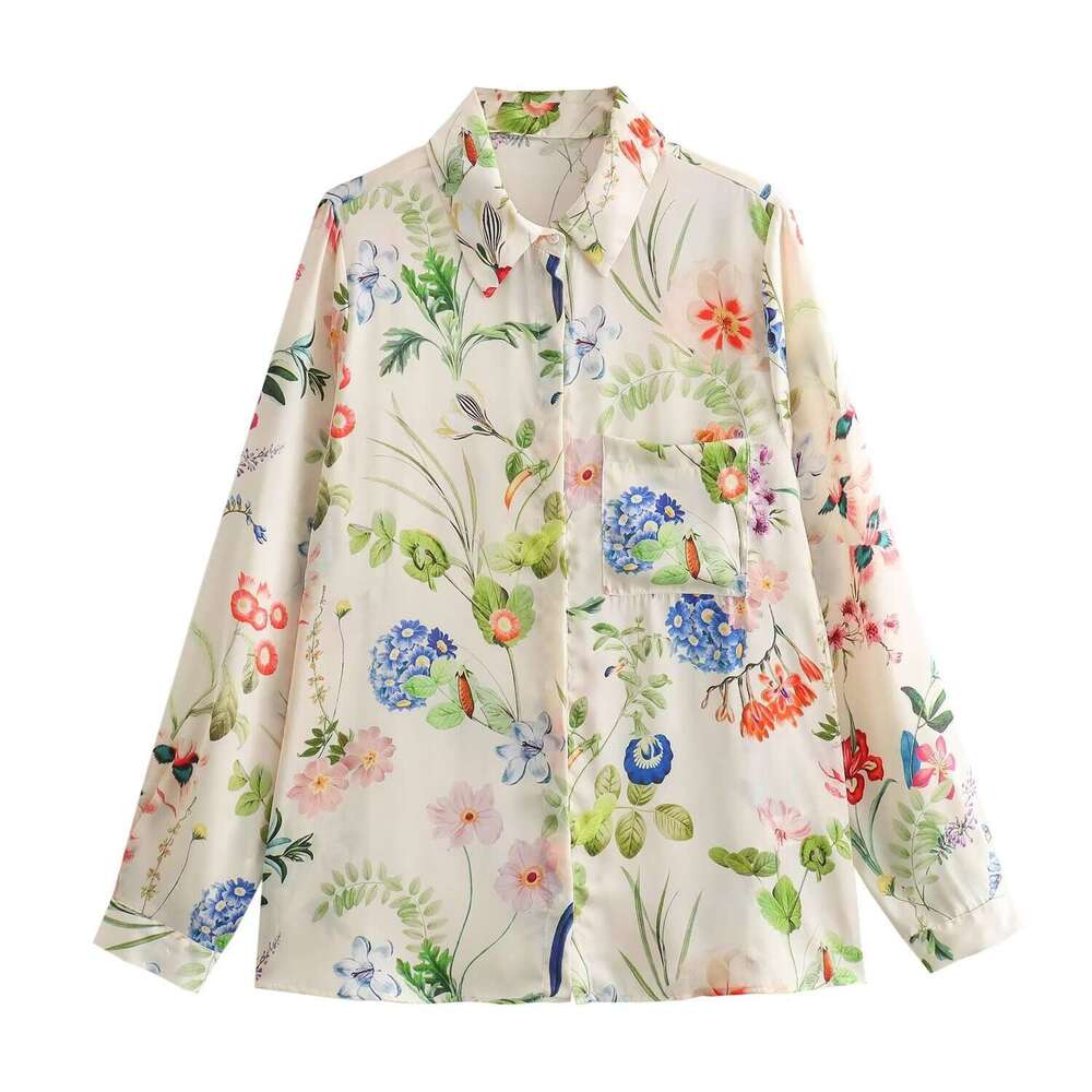 TRAFZA Summer New Women's Fresh And Elegant Turn-Down Collar Floral Long Sleeve Shirt B5