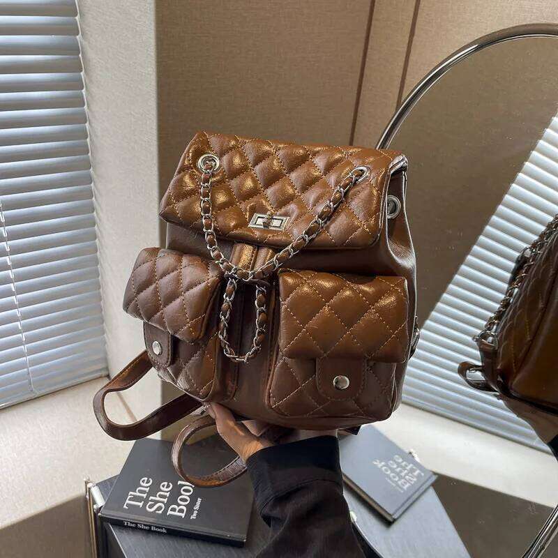 Fall 2025 New Arrival Trendy Women's Dia-Quilted Chain Double-Shoulder Backpack, Large Capacity With Multiple Pockets MDNG