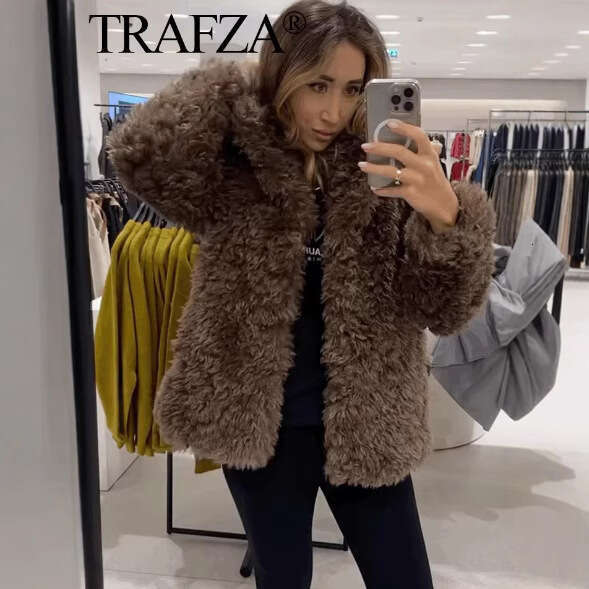 TRAFZA SHEIN Autumn Faux Fur Mid-Length Coat Women's Clothing B5