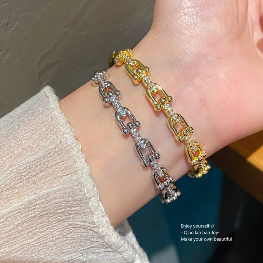 Gold Tone Linked Chain Bangle Bracelet Pave Crystal Accents Edgy Chic Party Jewelry And Gift For Her High Quality Stylish Design
