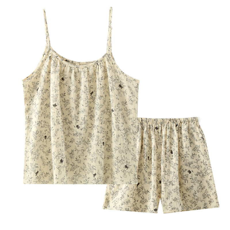 B986-Cotton yarn printed multi-color ladies summer suspenders short-sleeved shorts suit home clothes pajamas