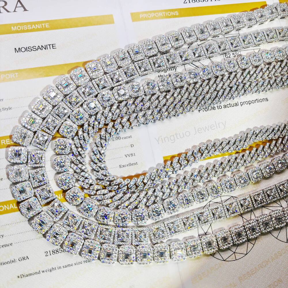 Yingtuo Jewelry Hip Hop Iced Out Fine Jewelry S925 Silver Vvs Moissanite Tennis Chain Necklace Bracelet
