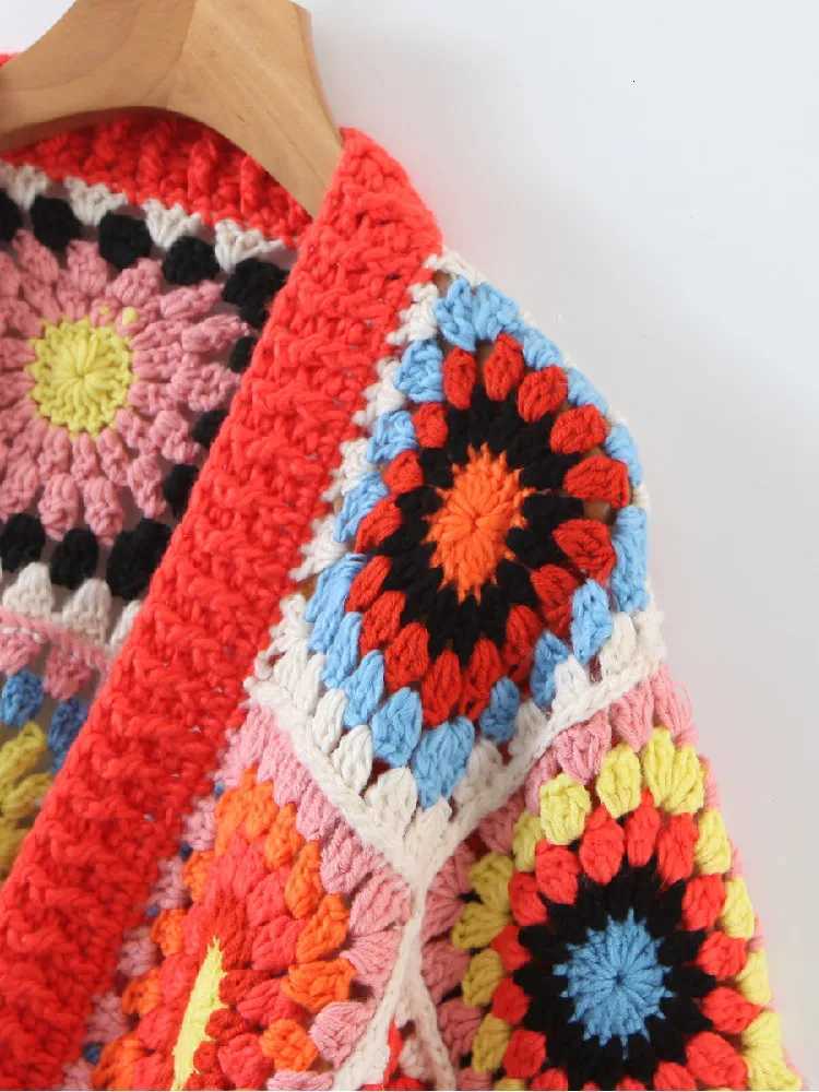 Boho Geometric Plaid Handmade Crochet Cardigan for Women V Neck Long Sleeve Sweater Open Stitching Knitwear Holiday Jumper X250724
