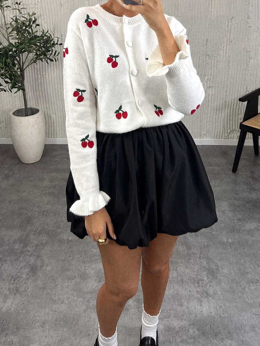 New Fashion Womens Autumn Sweater Cardigan Long Sleeve Round Neck Button Up Cherry Print Knitwear Hot Sale S-XL X250724