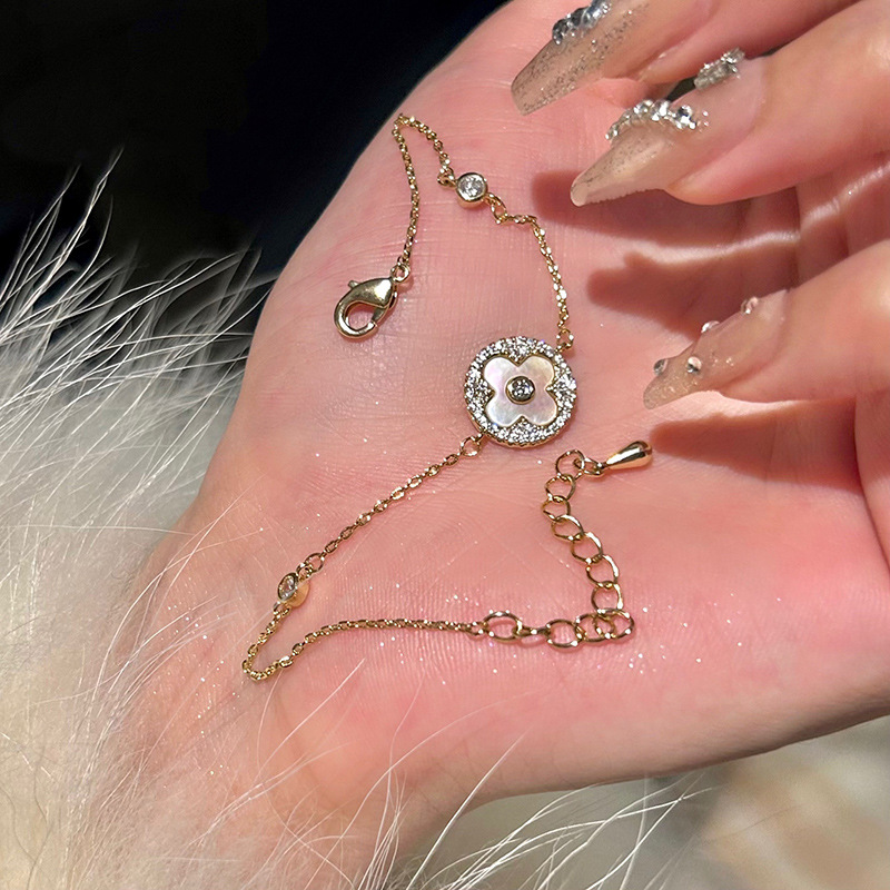 Gold Tone Clover Shaped Bracelet Shell Inlay & Crystal Accents Elegant Party Jewelry And Daily Wear Gift For Her High Quality And Stylish Jewelry