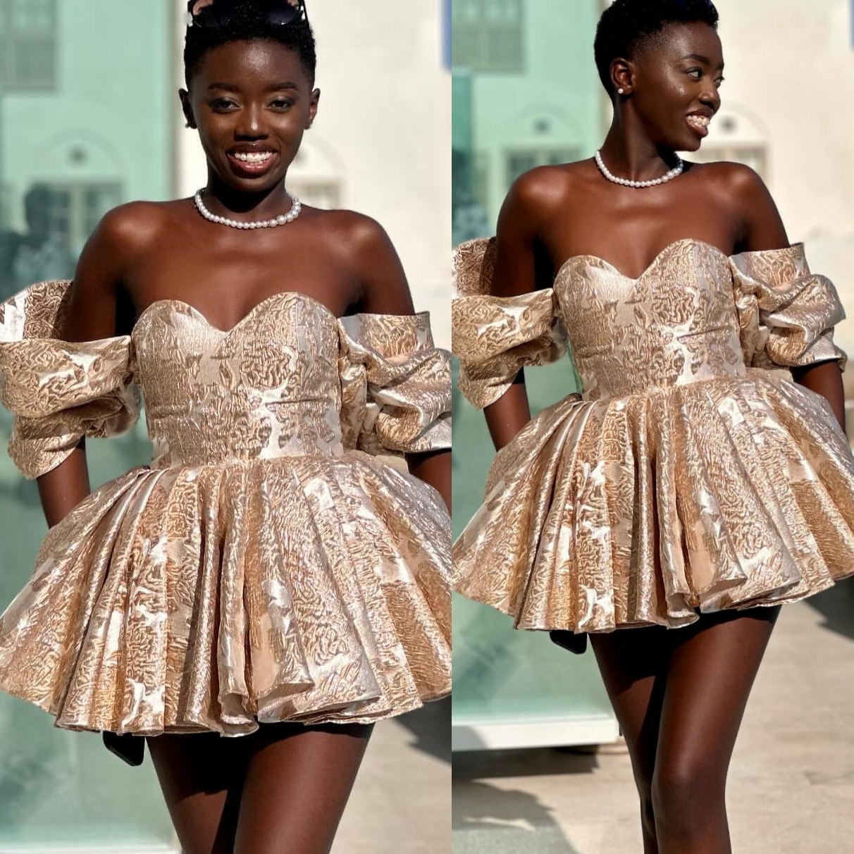 Chic A-line Gold Cocktail Dress Sweetheart Short Sleeves Short Mini Graduation Homecoming Dresses For Special Occasions Sweetheart Gowns