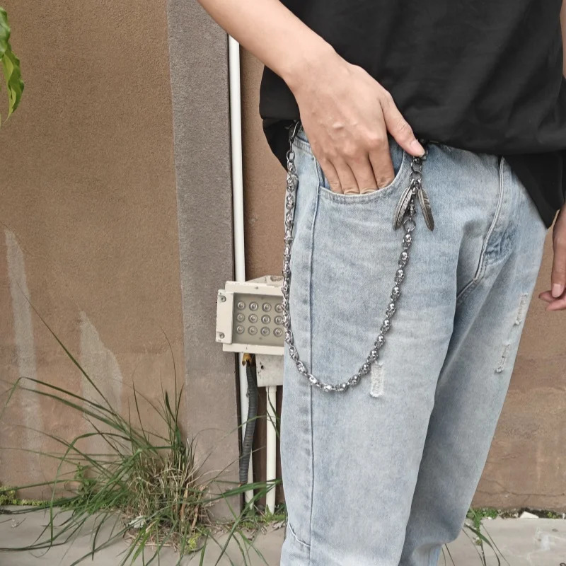 Male Skull Pants Chain Silvery Feather Metal Ones Waist Fashion luxurious y2k Jin Gangchu Key Chain Hip Hop Punk Accessories 250722