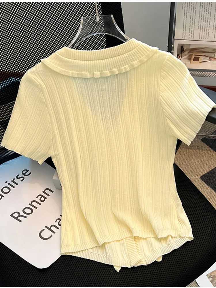 Summer New V-neck Ruffles Knitted Cardigan Womens Chic Thin Slim Short Sleeve Sweater Elastic Knitwear Tops 2025 Ladies Jumpers X250724