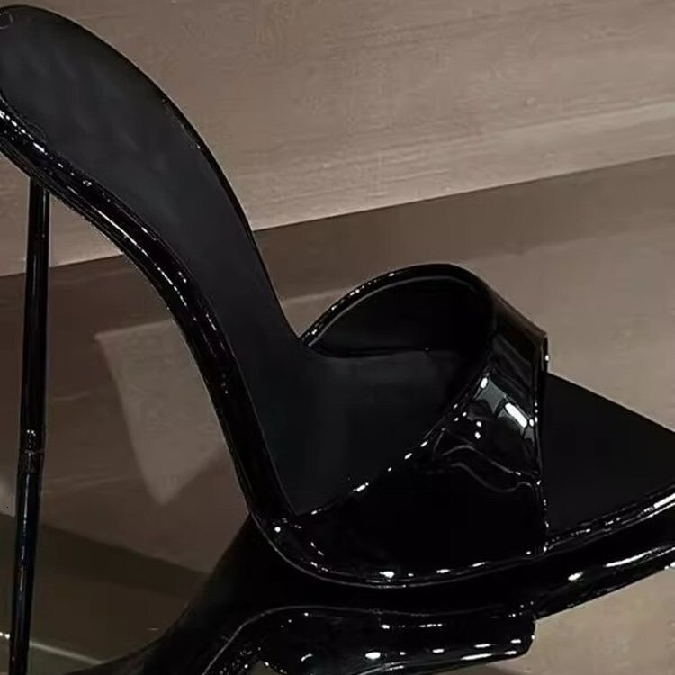 Designer sandals 2025 Summer New Patent Leather Shallow Mouth Backless High Slippers Red Fashion Thin Heel Pointed Open Toe Sandals for Women
