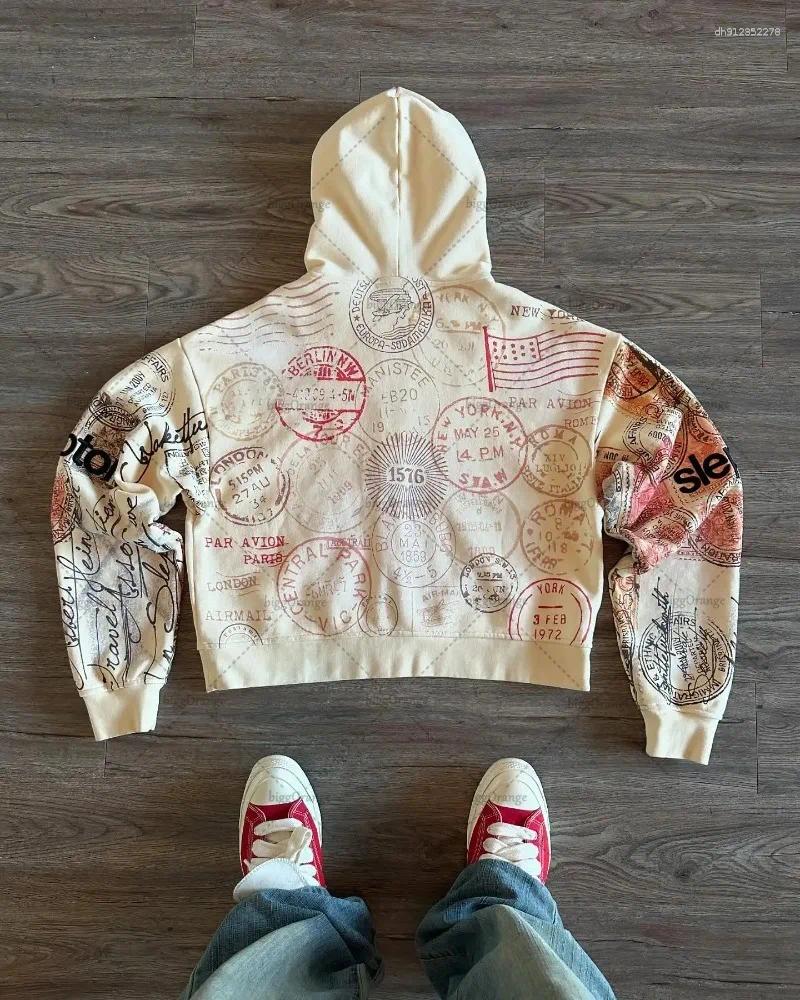 Men's Hoodies American Retro Letter Print Zipper Hoodie Women Trendy Casual Oversized Sweatshirt Men Hip-hop Punk Harajuku Streetwear