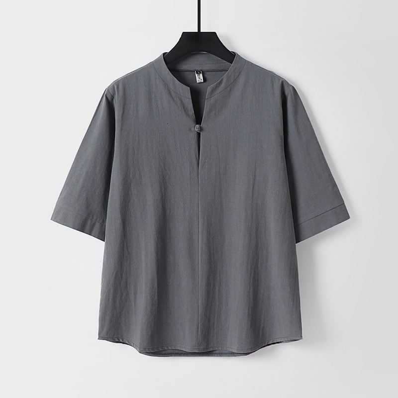 Plus Size Linen for Men, Summer Chinese Style, Cotton Linen, Half Sleeve, Button Down, V-Neck, Men's 3/4 Sleeve T-Shirt