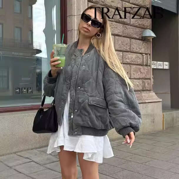 TRAFZA Autumn Winter New Versatile Cotton Loose Bomber Jacket Coat B5