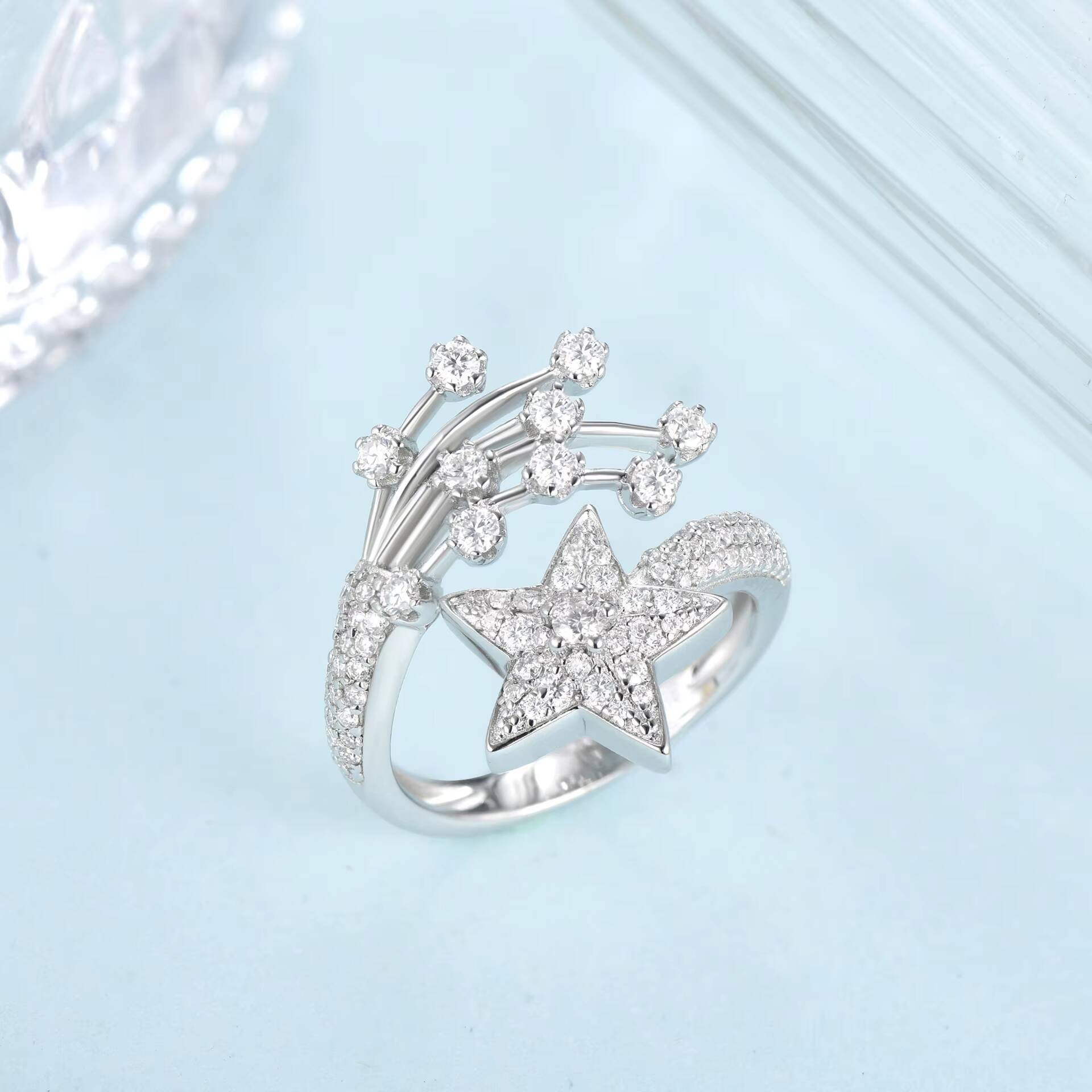 Fashion Designer Jewelry Shooting Star Ring S925 Sterling Silver Full Diamond Moissanite Five-pointed Star Open Ring for Women