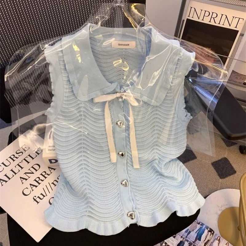 Bow Knitted Vest for Women Summer Love Button Doll Collar Black Ears Flying Sleeves Ice Silk Top X250724