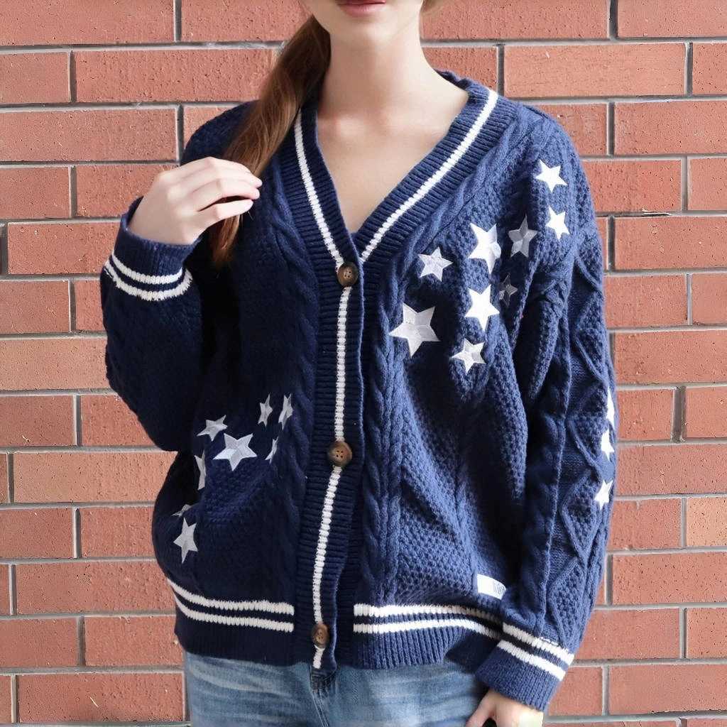 Women Midnights Dark Blue Stars Cardigans Autumn Female V-neck Knitted Maple Leaf Embroidery Beige Cardigan Khaki Sweater X250724