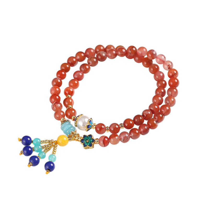 New Chinese Style Nanhong Tassel Bracelet Versatile Elegant with Imitation Pearl Cloisonne Accessories Multi loop Design Unisex