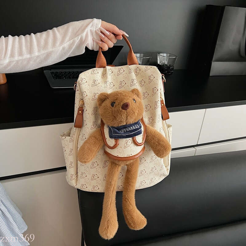 New Cute Bear Student Backpack Fashion Print Commuter Anti-theft Double Korean Version Lightweight Handheld Single Shoulder Bag