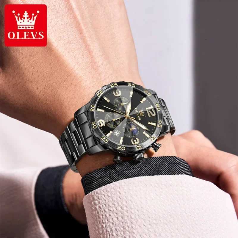 OLEVS Men Watch Black Stainless Steel Waterproof Luminous Moon Phase Digital Dial Original Quartz Movement Wristwatch 3678 W250724