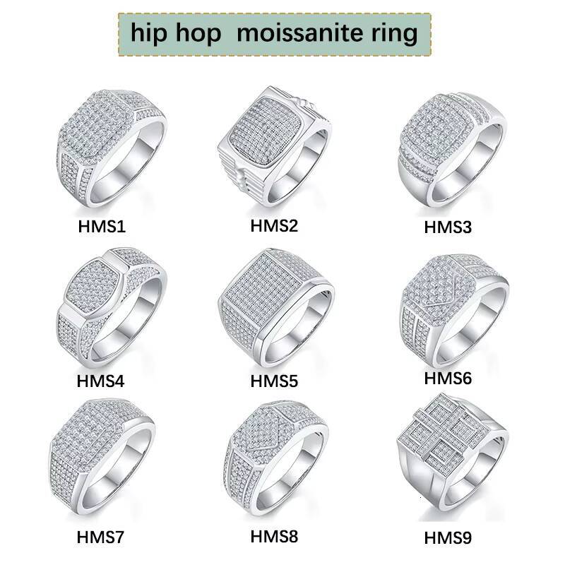 Luxury 925 Sterling Silver Hip Hop Exquisite Moissanite Diamond Ring Iced White D VVS1 Brilliant Cut for Men