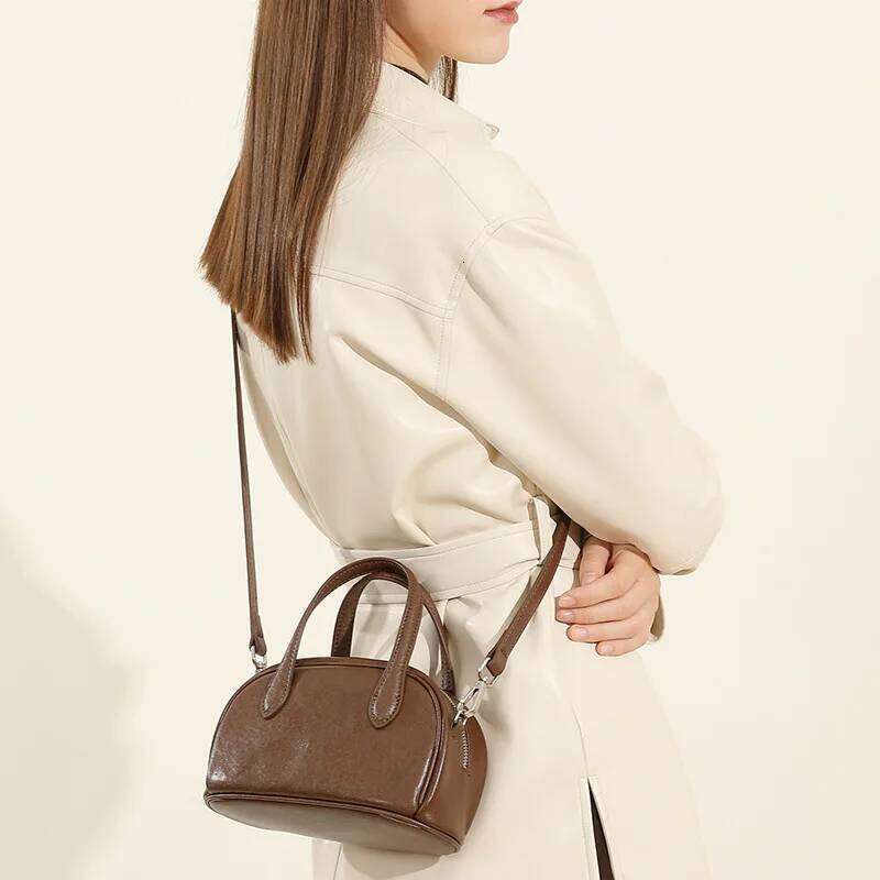 Vintage New Genuine Leather Women's Planttanned Cowhide Boston Bowling Bag, Niche One Cross Shoulder Handbag