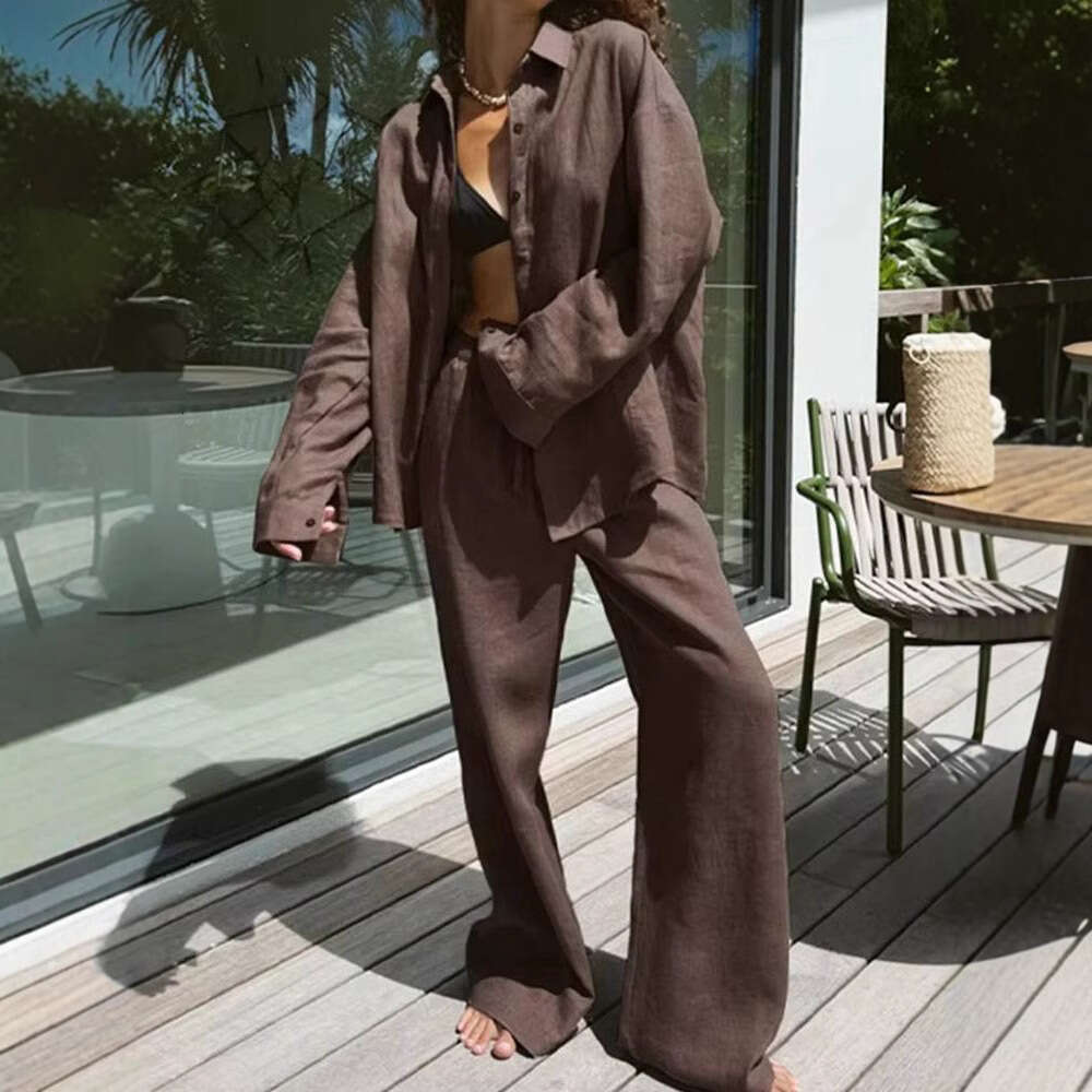 TRAFZA Spring New Shirt Long Sleeve Solid Color Casual Loose Wide-Leg Pants Set B5