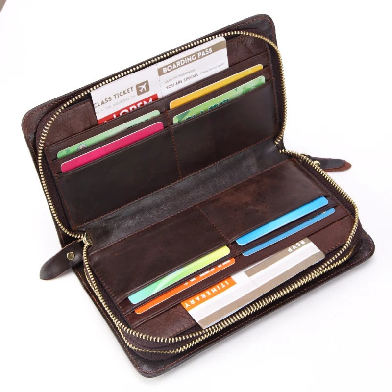 Mens Long Handbag Business Vintage Cow Leather Man Wallet Long Wallet For Man Oil Wax Double Zipper Bag Male Purse 250723