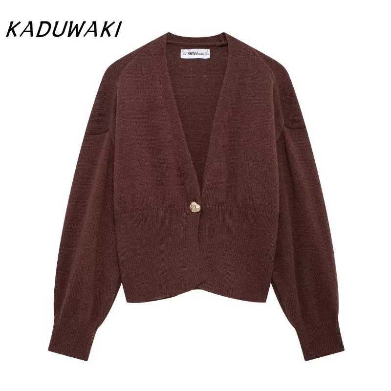 KADUWAKI European Classic V-neck Long-sleeved Brown-red Cardigan Fashion Retro One-button Versatile Knitted Sweaters Womens Short Sleeve Knit X250724