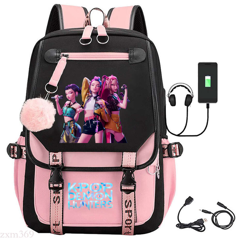 Kpop Demon Slayer Movie Merchandise Printed School Bag Student Campus Backpack with Pom-Pom