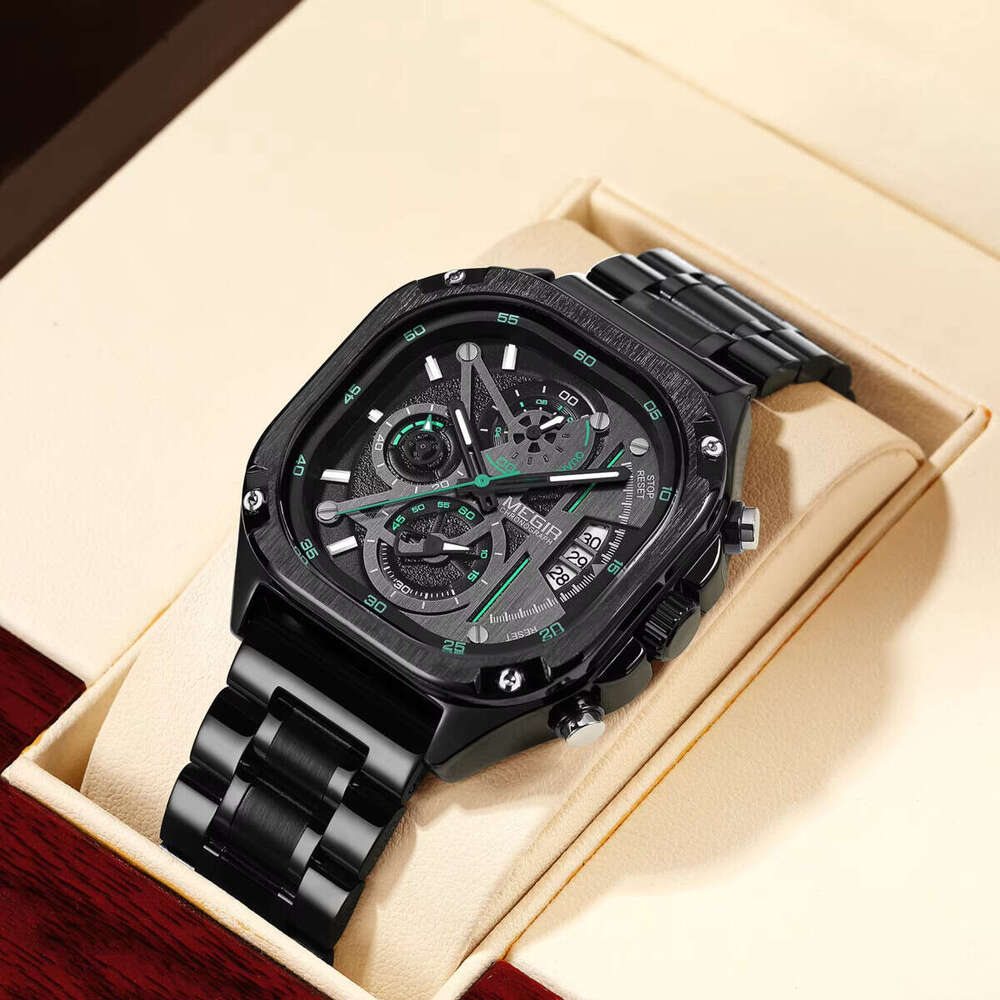 DHwatches MEGIR Men's Square Watch - Digital-Analog Display, Luminous, 30M Waterproof, Stainless Steel, Multifunction Wristwatch