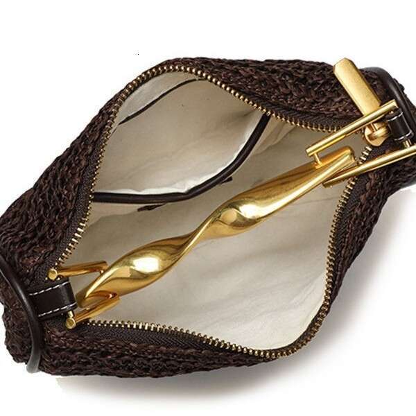 Leather Bag Bucket Bag Tote Bag Home Metal Gold Handle Mini For Women New Straw Single Shoulder Crossbody Zipper Woven Bag